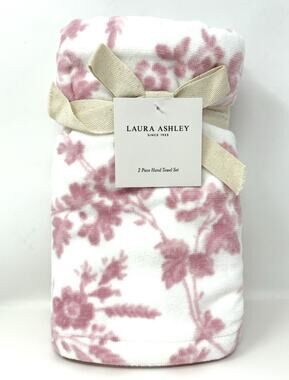 Laura Ashley Pink Floral Bath Hand Towels Set 2 Pcs Toile Flowers White NWT